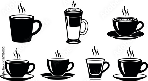 Collection of coffee cups and mugs with steam rising