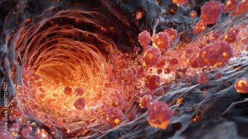 Artistic representation of heart valve layers engulfed by fiery immune complexes highlighting molecular clash in rheumatic fever.