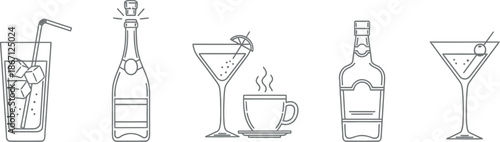 Collection of various drinks and beverages in simple line art