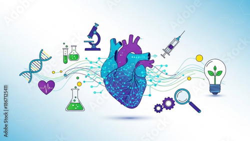Medical innovation concept with human heart surrounded by scientific symbols and dna with healthcare and science and technology with medicine