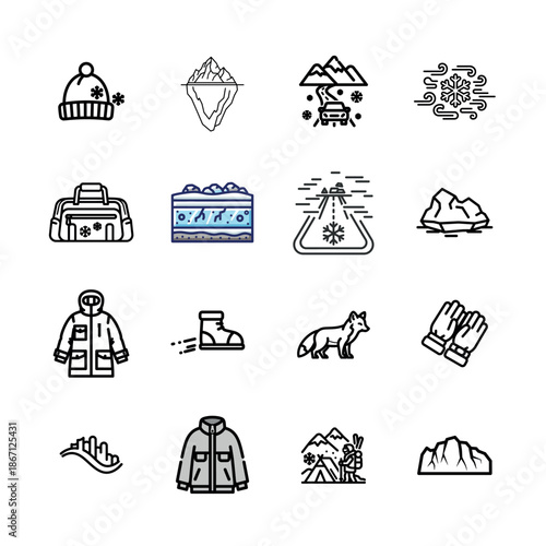 Travel and tourism adventure vector icons set featuring luggage, airplanes, and map pins for vacation planning and tour guide websites.