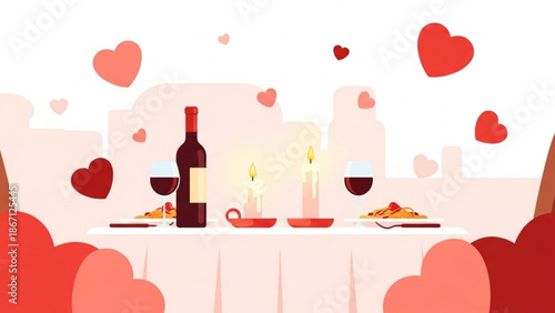 A romantic dinner setup for two with wine glasses and candles on a table surrounded by red hearts with valentine s day and love with couple