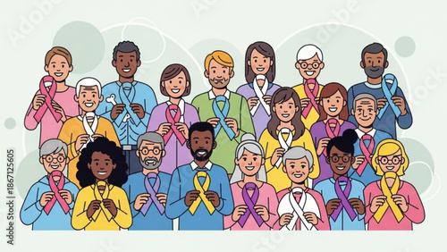 Diverse group of people holding colored awareness ribbons for health and social causes with health awareness and support and unity with wellness