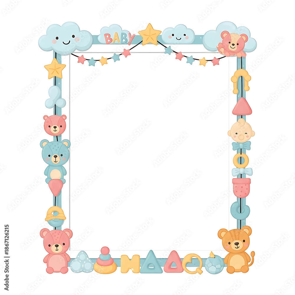 Fototapeta premium Charming illustrated baby themed frame featuring sweet bears, clouds, and toys