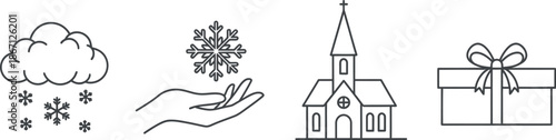 Winter wonderland elements including church and gift