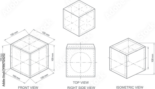 Technical drawing of a cube with various views and dimensions