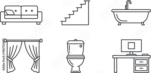 Collection of simple line icons representing home interior elements