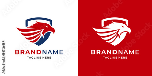 Eagle Logo Design Template with Shield Emblem and Brand Name Placeholder.