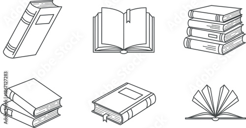 Collection of different types of books in line art style