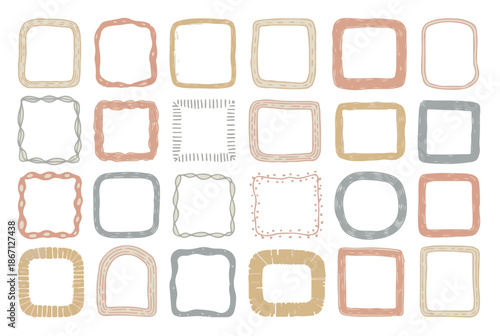 Hand Drawn Cute Doodle Square Frames and Borders Set in Earthy Tones for Scrapbooking and Note Decorating