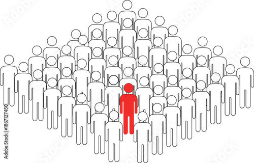 Unlike a crowd, a vector of people in a group with one individual who stands out, a unique person in the crowd