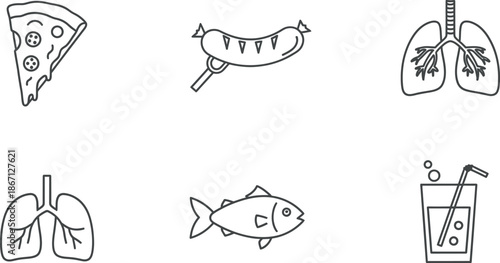 Food and human organs line art icons set