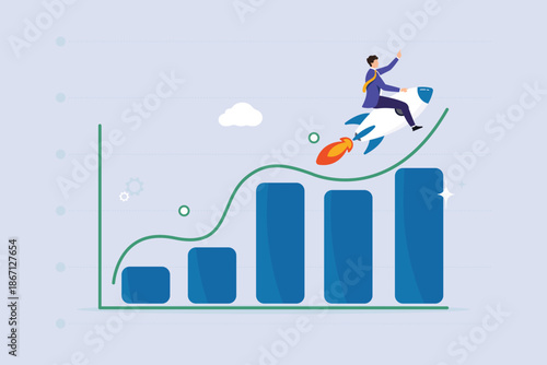 Businessman riding rocket over growth chart, startup business success in sky editable clipart, financial growth and rapid company expansion vector illustration