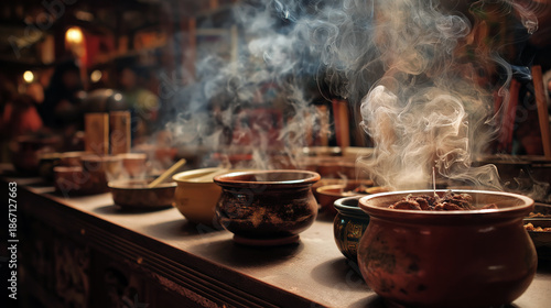 Traditional Chinese incense preparation for New Year rituals, soft smoke, artistic lighting
