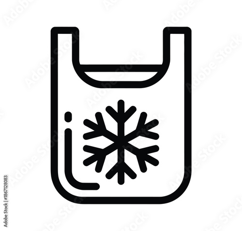 A black and white icon of a reusable shopping bag with a snowflake design