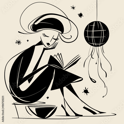 Whimsical Black and White Abstract Illustration of a Jellyfish Reading