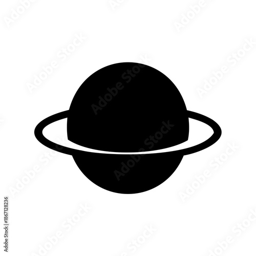 Stylized depiction of a planet with rings surrounding it in black and white