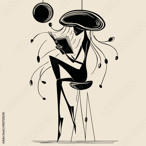 Whimsical Black and White Abstract Illustration of a Jellyfish Reading