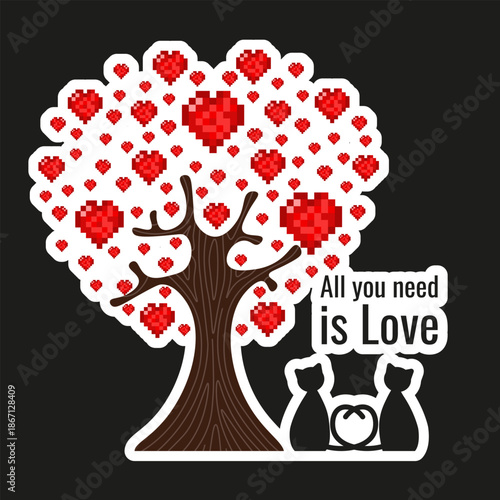 Romantic social media vector Sticker isolated black background. Love couple of black cats under romantic Valentine Day tree with white Sticky outline and love message. EPS 10