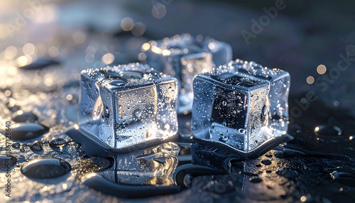 Frozen cubes of ice on a wet surface glisten in the light with a reflective sheen