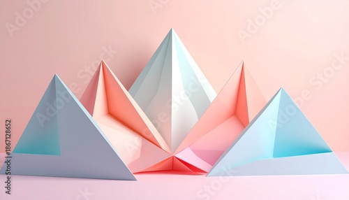 Pastel colored paper pyramids arranged in a harmonious cluster on a soft pink surface viewed from a straightforward angle