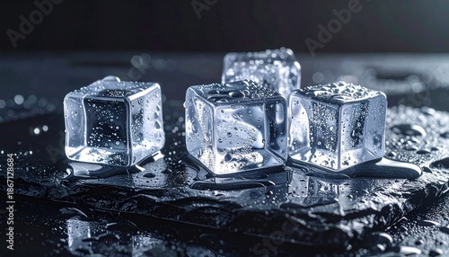 Ice Cubes Melting on Dark Surface Creating Reflection and Water Droplets