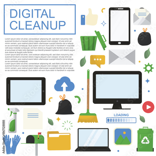 Digital Cleanup Day icons and broom composition. Ideal for awareness posters and web banners. Set of digital cleanup icons for digital cleanup day. For business and marketing. Vector illustration