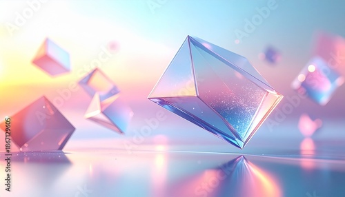 Floating geometric crystal shapes in a serene, pastel-hued environment with soft reflections