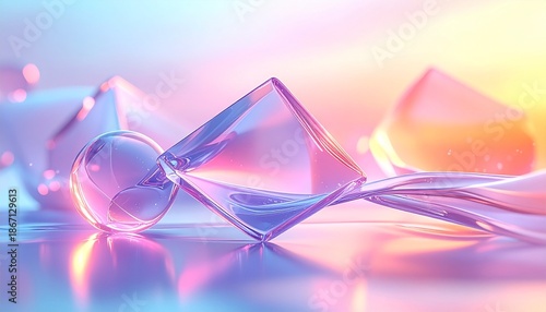 Transparent glass objects arranged on a reflective surface with pastel-colored lighting