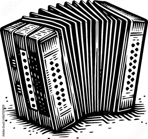 Antique Accordion Musical Instrument Black And White Woodcut Style Close Up