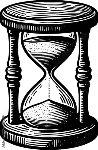 Antique Wooden Hourglass With Sand Flowing Through Clear Glass In Vintage Wood Engraving Style