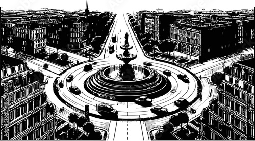 Black and White Circular Road Intersection with Cars and Monument Detailed Cityscape and Buildings