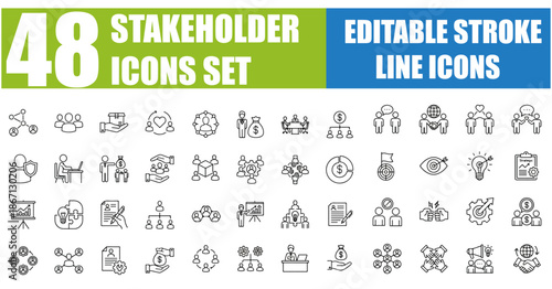 Stakeholder Line Editable Icons Set - Corporation, Investor, Employee, Supplier, Government, Community, Shareholder, Customer, Partner, Board Member, Management and More - Vector Illustration for Web 