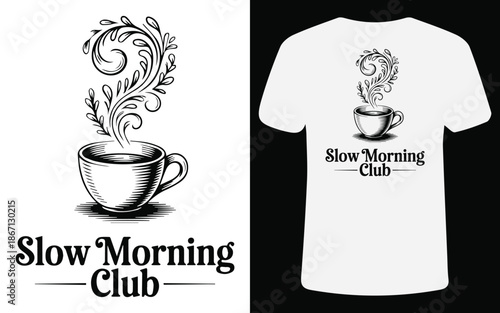 Artistic coffee cup with floral steam swirl vector for t-shirt design featuring hand drawn engraving style for morning routine beverage and cafe shop merchandise