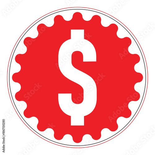 A red circular badge featuring a prominent white dollar sign in the center, encircled by a decorative scalloped border