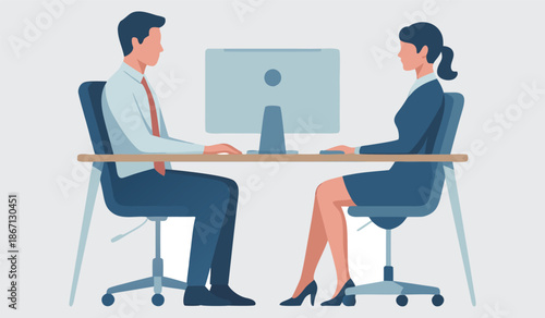 Two business people sitting across from each other at office desk working on computers in a modern corporate environment simple flat vector illustration
