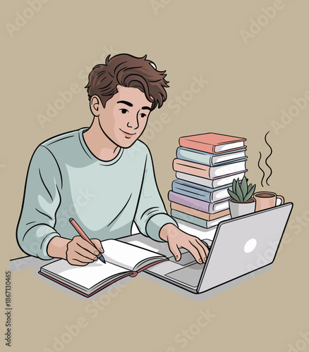 Young man studying or working remotely from home with laptop writing notes in a notebook surrounded by a large stack of books and hot beverage