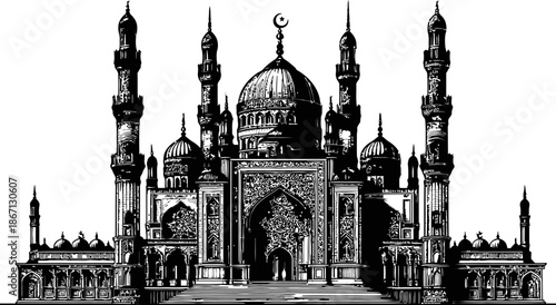 Intricate Black And White Illustration Of A Grand Mosque With Multiple Minarets And A Central Dome