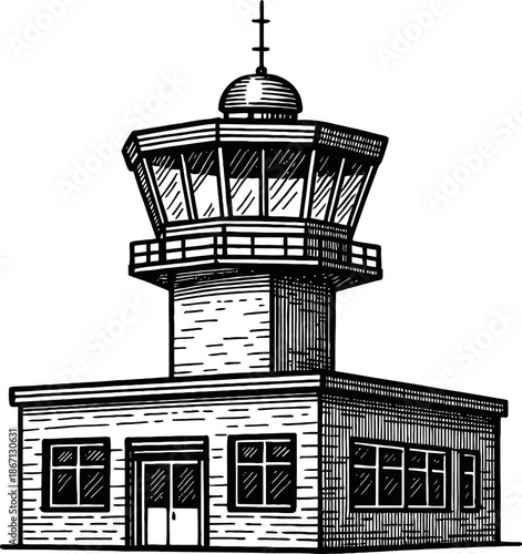 Line Drawing of an Airport Control Tower Building with Antennas on Top and Windows on Facade