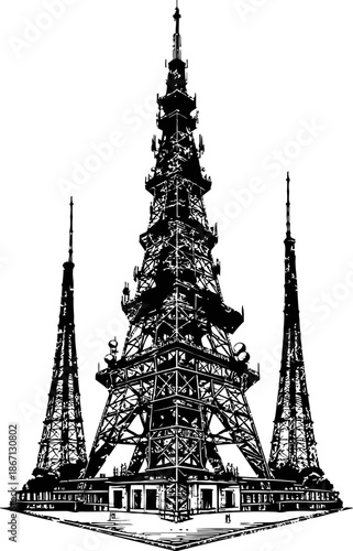 Three Distinct Tall Communication Towers Detailed Wireframe Style Against A White Background