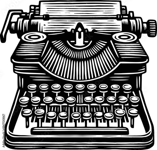 Vintage Black And White Mechanical Typewriter With Paper In Carriage