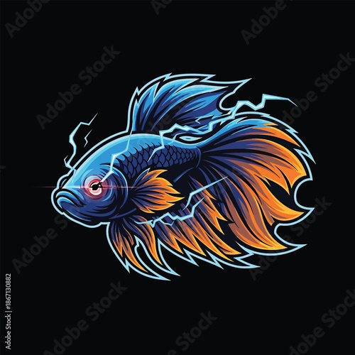 Electric Betta Fish Illustration with Vibrant Colors and Dynamic Lightning.