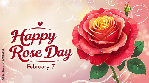 3d “Happy Rose Day,” paired with a compact date “February 7” in a clean serif or sans-serif. The text is arranged to integrate with the rose illustration, using a warm red palette