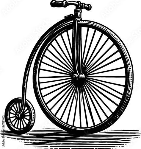 Vintage Penny Farthing Bicycle with Large Spoked Front Wheel and Small Rear Wheel Black and White Illustration
