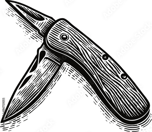 Vintage Pocket Knife With Wooden Handle Open Blade Detailed Engraving Isolated On White