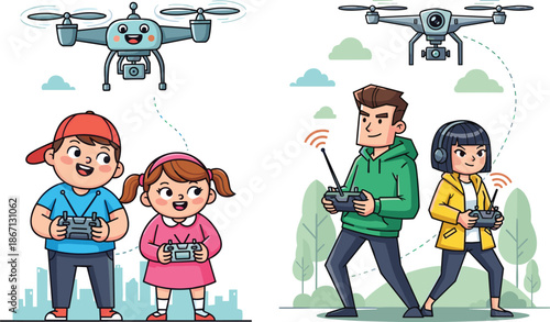 Children flying cartoon drone, adults operating realistic drone, family outdoor activity, technology learning, playful illustration, remote control, park scene, fun