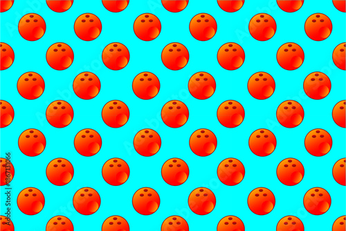 Red bowling ball pattern on blue light background. Playful bowling ball illustration design. Seamless pattern of red bowling ball. Fun and vibrant volleyball pattern for kids.
