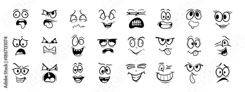 Cartoon faces. Caricature comic emotions or emoticon doodle. Expressive eyes and mouth, smiling, crying and surprised character face expressions. vector illustration icons set