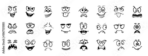 Emotional comic face with eyes, mouths, tongue and teeth. Happy, sad and angry characters emotions. Vector set. Cartoon doodle face expression.