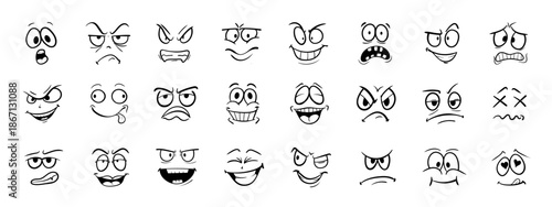 Cartoon doodle face expression. Emotional comic face with eyes, mouths, tongue and teeth. Happy, sad and angry characters emotions. Vector set